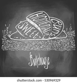 Hand-Drawn Croissant / Vector Bun With Inscriptions/ Background For The Bakery / Sweet Homemade Buns / Chalk And Blackboard Imitation / Nice Element For Your Project