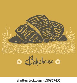 Hand-Drawn Croissant / Vector Bun With Inscriptions / Background For The Bakery / Sweet Homemade Buns / Nice Element For Your Project