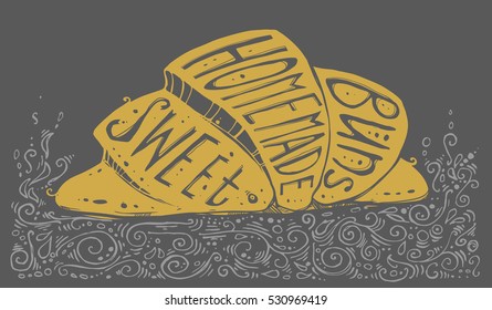 Hand-Drawn Croissant / Vector Bun With Inscriptions / Background For The Bakery / Sweet Homemade Buns / Nice Element For Your Project