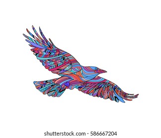 Hand-drawn crow with ethnic pattern. Coloring page - zendala, design for spiritual relaxation for adults, vector illustration, isolated on a white background.