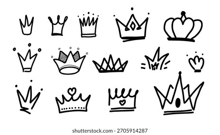 Doodles de corona dibujados a mano en negro sobre blanco
