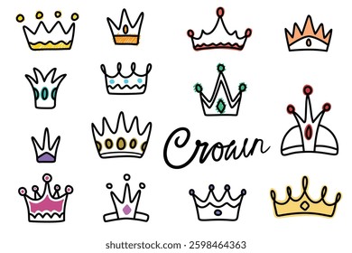 Hand-drawn crown doodles in various styles and colors  
