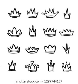 
Hand-drawn crown icons, signs of a king, queen, princess, kingdom, greatness, power.