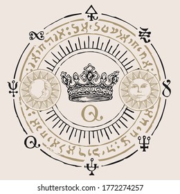 Hand-drawn Crown And Magical Symbols In Retro Style. Vector Banner With Sun, Moon, Esoteric And Magic Signs Written In A Circle On The Old Paper Background