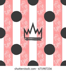 Hand-drawn crown and polka dots on a striped background. Grunge, graffiti, sketch, ink, paint. Seamless pattern for girls. Black, pink, white. Vector illustration.