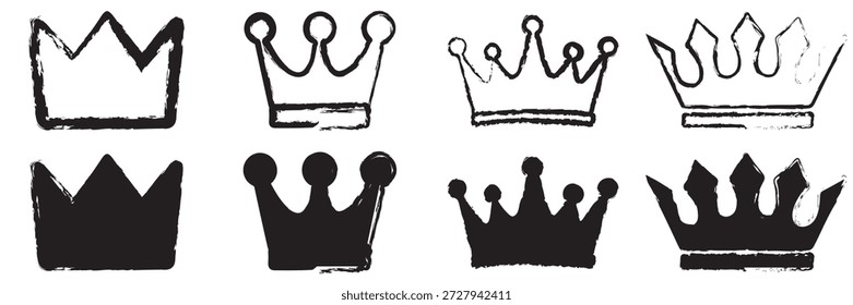 Hand-Drawn Crown Vector Set, Black Ink Sketch Icons Representing Royalty, Power, Leadership, and 
Creativity, Minimal Outline and Silhouette Collection