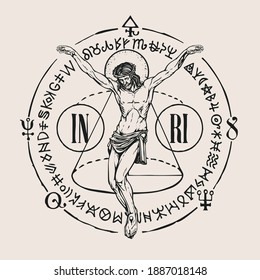 Hand-drawn crucifix of Jesus Christ with alchemical and Masonic symbols. Abstract vector banner in retro style on the religious theme with cryptic signs written in a circle