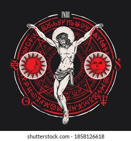 Hand-drawn crucifix of Jesus Christ with the Sun, Moon, alchemical and Masonic symbols on the black background. Abstract vector banner on the religious theme with cryptic signs written in a circle