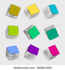 Hand-drawn cubes in different projections and angles with different colors