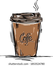 a hand-drawn cup of beige coffee made of craft cardboard stands and steam is coming on it with coffee written in words