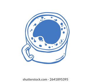 Hand-drawn cup of coffee in blue line art style with Mediterranean charm. Minimalistic sketch of a hot beverage in a mug with froth. Great for cafe menu designs, packaging, or morning-themed projects.