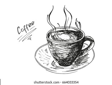 Hand-drawn cup of coffee on a saucer