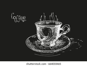 Hand-drawn cup of coffee on a saucer