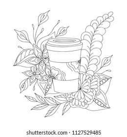 Hand-drawn cup of coffee with zentangle doodle flowers. Design for spiritual relaxation for adults.  Zendoodle, zenart. Black and white illustration for coloring.
