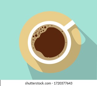 Hand-drawn cup with espresso coffee drink and foam on a blue background. Design in the style of coffee break.