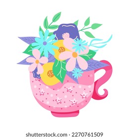Hand-drawn cup with garden flowers flat style colored doodle. Isolated design element on white background. Graphic decorative illustration for greeting card, post, holiday, birthday, spring, summer. 