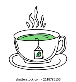 A hand-drawn cup of green tea in doodle style. A hot beverage. Time to get up. Breakfast. Morning. A simple doodle vector.