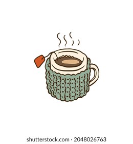 A hand-drawn cup of hot tea. Cozy icon of hygge on a white background. Warm and cozy isolated vector illustration in Scandinavian style.