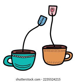 Hand-drawn cup with a tea bag for lovers. Design elements for Valentines Day. Vector illustration