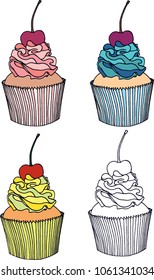 A hand-drawn cupcake decorated with cherry and cream