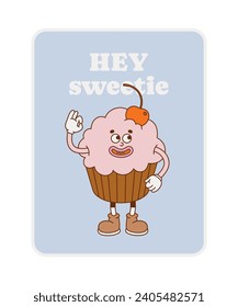 The hand-drawn cupcake retro character with a phrase. Vector illustration in trendy retro cartoon style. Love, Valentine's Day.