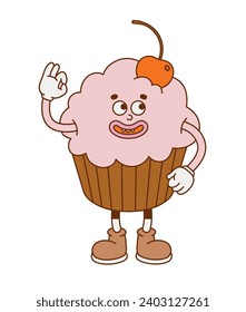 The hand-drawn cupcake retro character. Vector illustration in trendy retro cartoon style. Love, Valentine's Day.