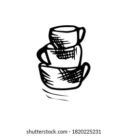 Hand-drawn cups for coffee and tea.
Vector illustration in a graphic style.
