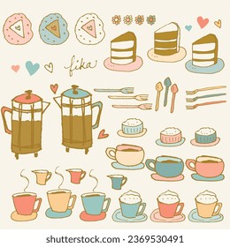 Hand-drawn cups, mugs, and treats adorn this delightful collection of coffee break icons.
