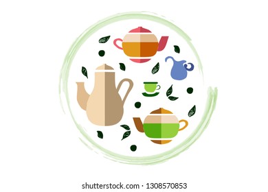 Handdrawn cups of tea, kettles in circle. Decorative tea leaves. Logotype, icon, badge, label. For restaurant poster, signboard, menu. Flatlay style. Tea objects and icons.