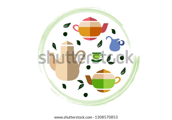 Handdrawn Cups Tea Kettles Circle Decorative Stock Vector Royalty