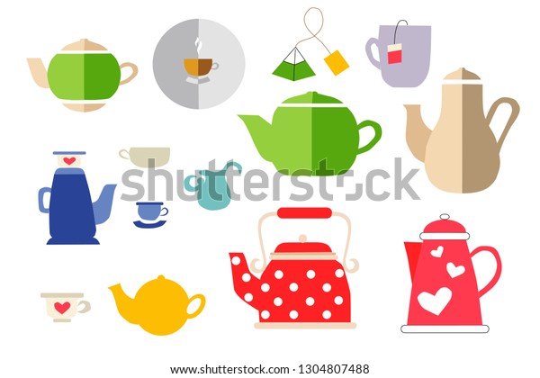 Handdrawn Cups Tea Kettles Green Red Royalty Free Stock Image