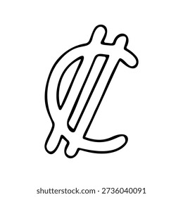 Hand-drawn colón currency symbol doodle, rounded black outline of a slanted C with vertical bar, minimalist line art vector icon for Costa Rican money, finance apps and budgeting designs
