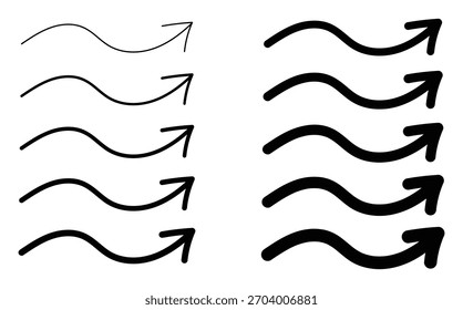 Hand-drawn curved arrow set in thin and bold styles, upward direction sketch arrows for diagrams, presentations, highlights, and creative design elements