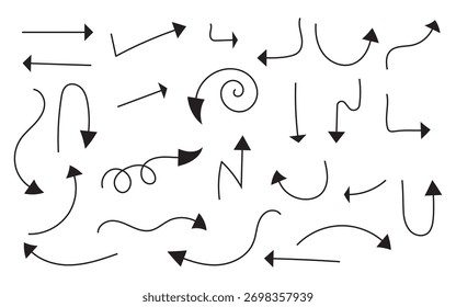 Flechas curvas y retorcidas dibujadas a mano en estilo doodle de Vector.