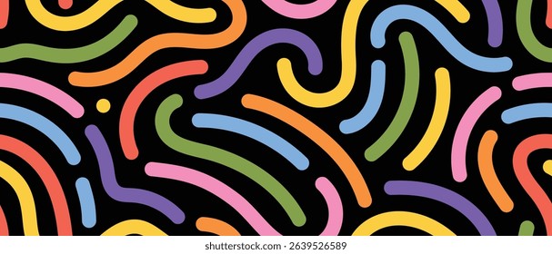Hand-drawn curvy lines vector background. Modern abstract seamless pattern with colorful brush strokes. Ideal for fashion prints and web design.