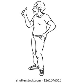 hand-drawn customer who listens and is interested in looking at something. vectorized, young, man, woman, questioning, outline, white, black.