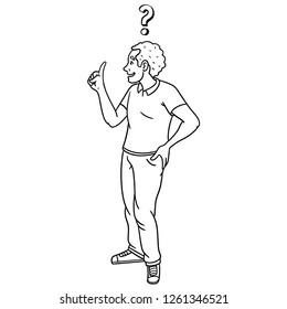 hand-drawn customer who listens and is interested in looking at something. vectorized, young, man, woman, questioning, outline, white, black.