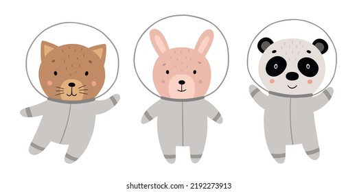 Hand-drawn cute animals: cat, hare, panda. Funny characters in a spacesuit. Vector illustration