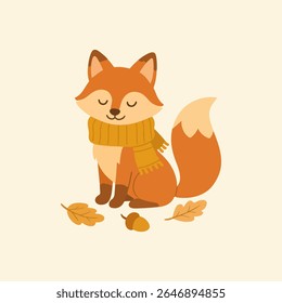 Hand-drawn cute autumn illustration featuring a cozy fox wearing a knitted scarf, sitting with its tail wrapped around, next to a steaming tea cup and surrounded by fallen leaves and an acorn.