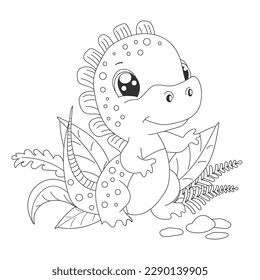 Hand-drawn cute baby dinosaur cartoon dino is sitting on leafy plant. Vector illustration for coloring book on white background.Drawing line contour.    