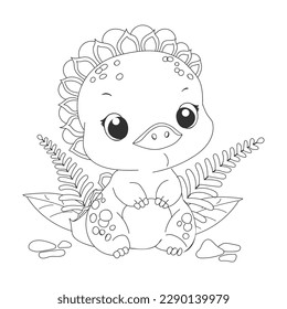 Hand-drawn cute baby dinosaur cartoon dino is sitting on leafy plant. Vector illustration for coloring book on white background.Drawing line contour.    