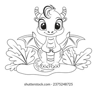 Hand-drawn cute baby dinosaur cartoon dino or baby dragon is sitting on leafy plant. Vector illustration for coloring book on white background. Drawing line contour. 