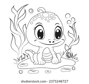 Hand-drawn cute baby dinosaur cartoon dino or baby dragon is sitting on leafy plant. Vector illustration for coloring book on white background. Drawing line contour. 