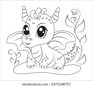 Hand-drawn cute baby dinosaur cartoon dino or baby dragon is sitting on leafy plant. Vector illustration for coloring book on white background. Drawing line contour. 