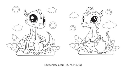 Hand-drawn cute baby dinosaur cartoon dino or baby dragon is sitting on leafy plant. Vector illustration for coloring book on white background. Drawing line contour. 