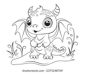 Hand-drawn cute baby dinosaur cartoon dino or baby dragon is sitting on leafy plant. Vector illustration for coloring book on white background. Drawing line contour. 