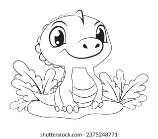 Hand-drawn cute baby dinosaur cartoon dino or baby dragon is sitting on leafy plant. Vector illustration for coloring book on white background. Drawing line contour. 