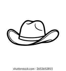 Hand-Drawn Cute Black and White Outline Illustration of a Cowboy Hat with Rounded Crown, Curled Brim, and Simple Band on White Background