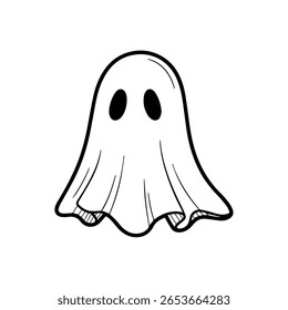 Hand-Drawn Cute Black and White Outline Icon Illustration of a Cartoon Ghost with Large Round Eyes and Playful Flowing Sheet Shape 