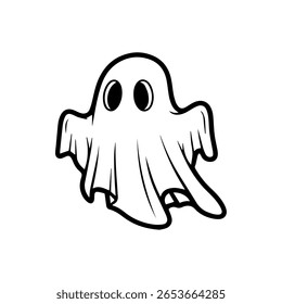 Hand-Drawn Cute Black and White Outline Icon Illustration of a Cartoon Ghost with Large Round Eyes and Playful Flowing Sheet Shape 
